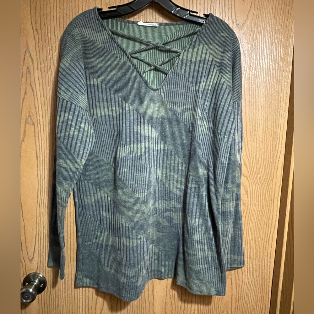 First Love Camouflage Camo Top with Crisscross V-Neck Collar Detail